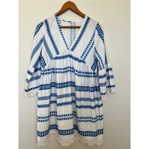 Women's Boho V Neck‎ Dress Crochet-Style Trim Flared Sleeve Sundress Size Small